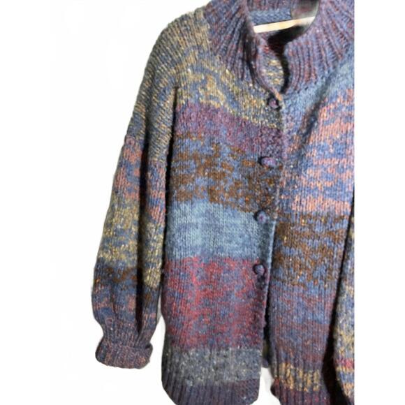 70's Cozy Hand-Knit Super Chunky Oversized Wool Multi-Colored Sweater Coat OS - Picture 5 of 11